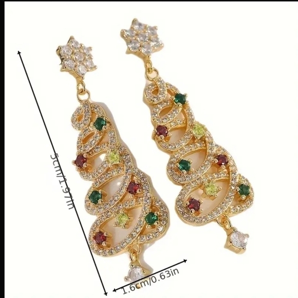 Elegant Christmas Tree Dangle Earrings With Multicolor Zirconia Stones Gold - Picture 4 of 5